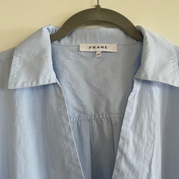 FRAME "Channing" Open Collar V-Neck Blue Belted Shirt Dress Sz Small Cotton - Picture 3 of 3